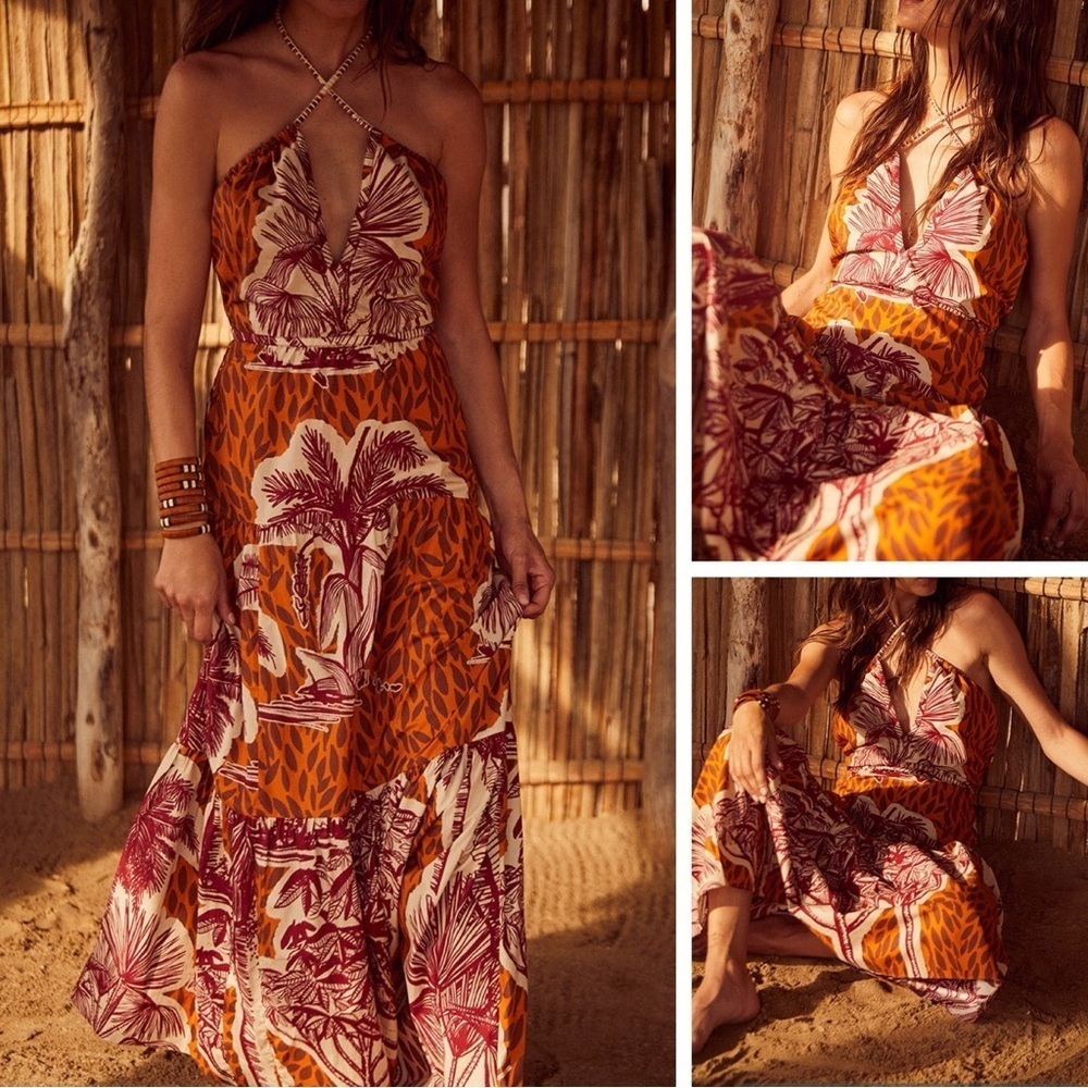 Johanna Ortiz Ritos de Duelo Halter Maxi Dress Tropical Palm Print size 10